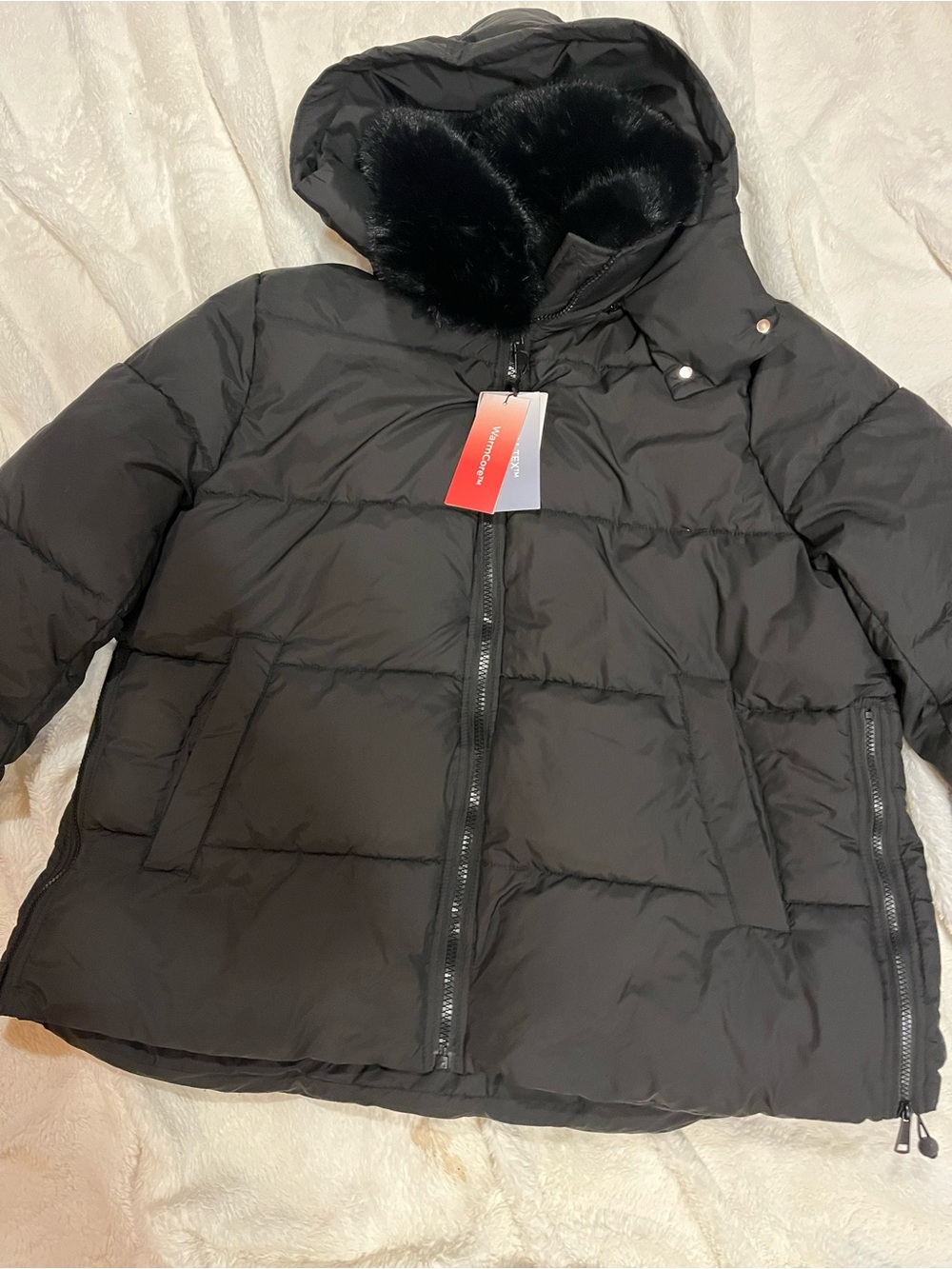 Women's Black Hooded Puffer Coat with Faux Fur Trim